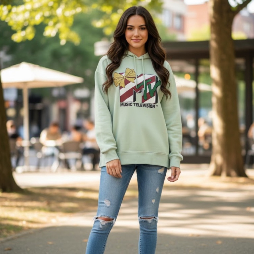 Official MTV Music Television Christmas‎ Fleece  Hoodie Women’s XL Mint Green